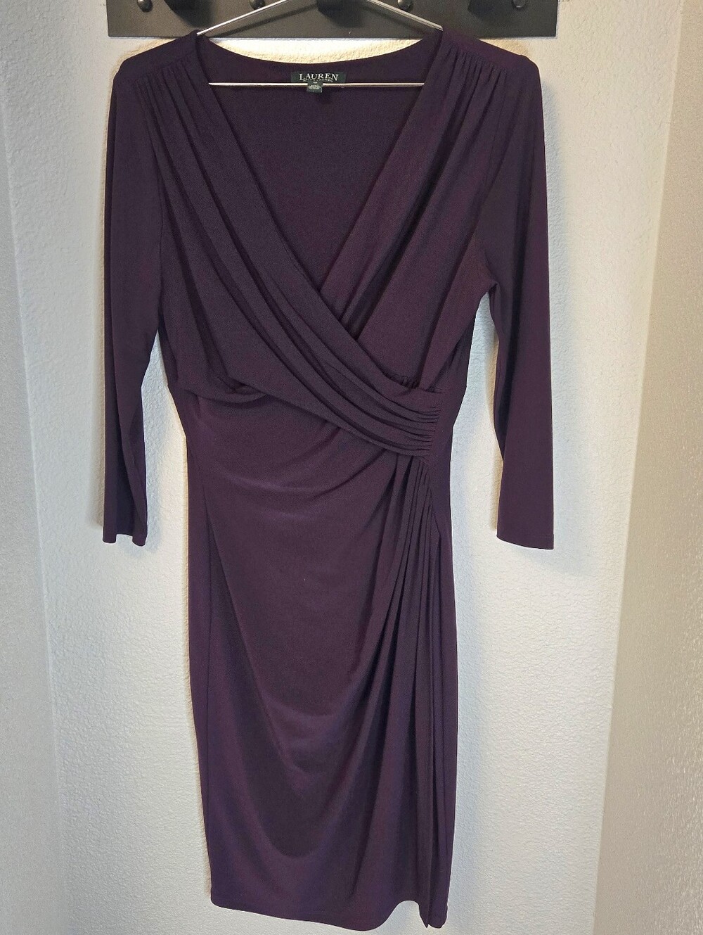 Lauren Ralph Lauren Plum Ruched Faux Wrap Midi Dress Size 10